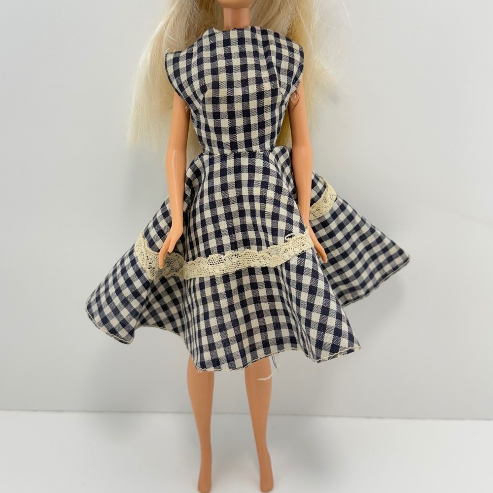 Vintage Barbie‑Size Navy Gingham Dress Handmade with Lace Trim Retro Picnic Mod